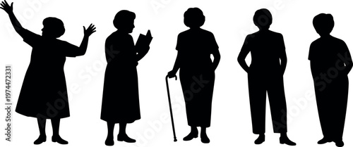 Silhouettes of elderly women standing, reading, walking with cane, and gesturing isolated on white background representing aging lifestyle and seniors