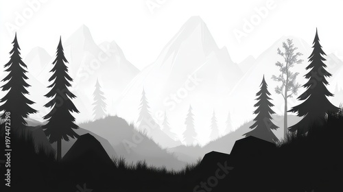 Monochromatic mountain landscape with layered fog and silhouette trees, evoking a sense of serene wilderness and atmospheric depth.