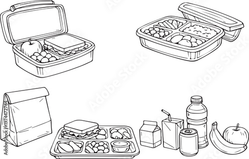 School Lunch Set with Lunch Box Food Tray and Assorted Meals Outline Illustration