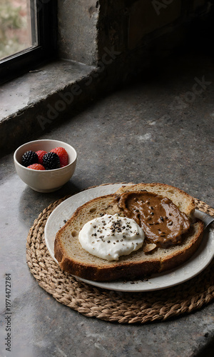 Wallpaper Mural Slices of whole grain bread topped with yogurt and nut butter on table   Torontodigital.ca