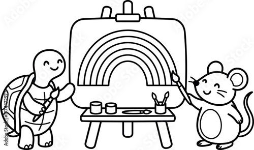 Cute turtle and mouse painting a rainbow on easel line art