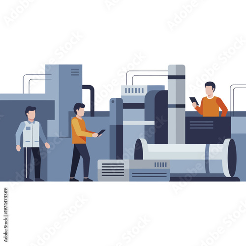 Factory workers operating advanced machinery in a modern industrial setting.