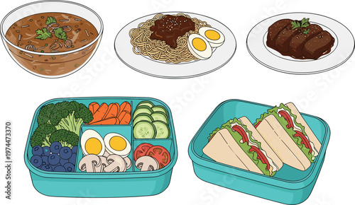 Collection of Healthy Lunch Boxes and Delicious Meals Including Sandwich Salad Pasta Eggs and Meat Dishes for Meal Prep and Food Illustration