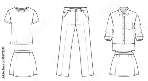 Fashion flat sketches of various clothing items for women.