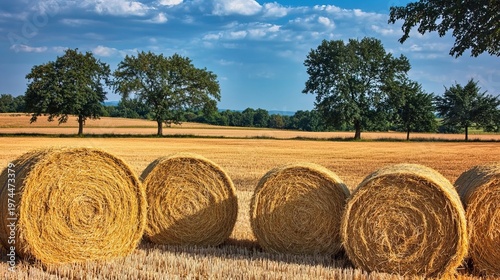 Scenic Summer Harvest Round Bales Under a Cloudy Blue Sky in a Picturesque Rural Landscape