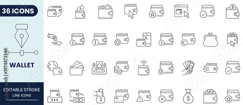 Wallet icon set in outline style. Editable stroke. Vector icon collection.	