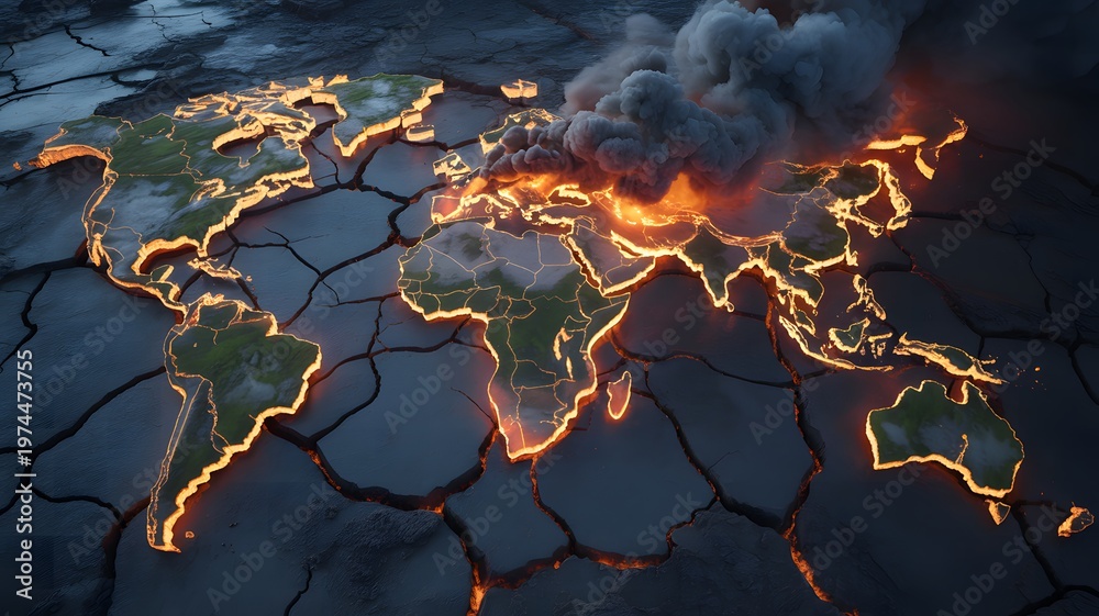 Fototapeta premium World map glowing with lava and smoke, symbolizing global conflict and environmental crisis.