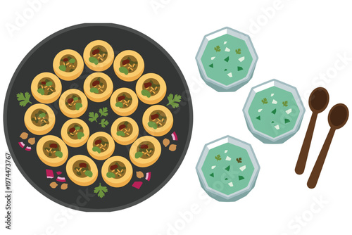 Delicious pani puri flat lay with green chutney and wooden spoons for Indian cuisine.