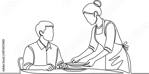 Restaurant Service Illustration Featuring Waiter Serving Plate to Customer for Dining, Hospitality, and Service Concepts