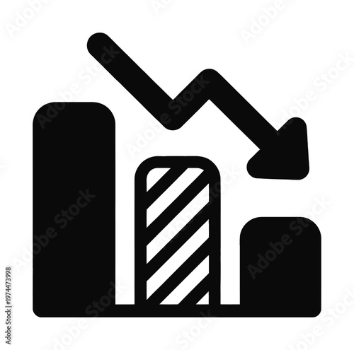 Vector of a downward trending arrow over a bar graph depicting declining values or a business downturn