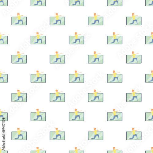 Seamless pattern featuring a woman training at home through an online yoga class on a monitor