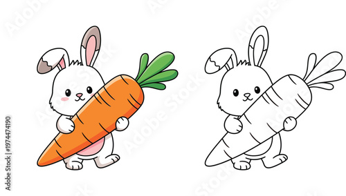 Cute Rabbit Holding a Giant Carrot Cartoon Illustration for Kids, Kawaii Bunny Mascot Set with Coloring Page and Colored Vector for Easter and Children Activities