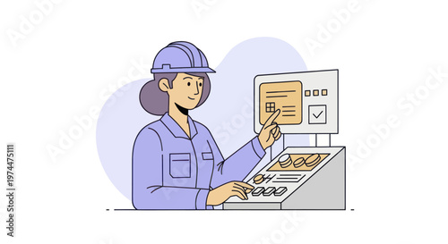 Female engineer operating industrial control panel with touchscreen interface.