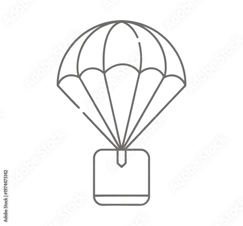 Vector of a parachute with a box-shaped object hanging beneath it in mid-air.