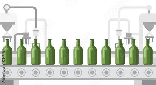 Green Glass Bottles Moving Along a Production Line in a Factory.