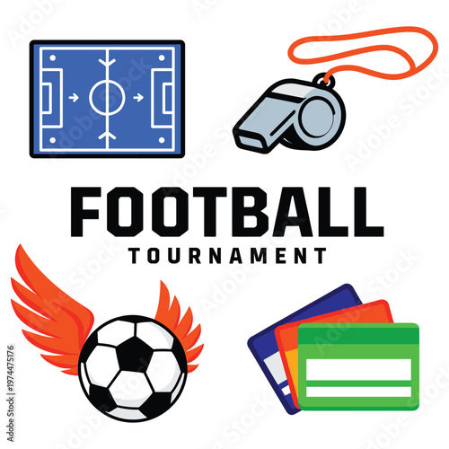 Football tournament elements: field, whistle, winged ball, and penalty cards.