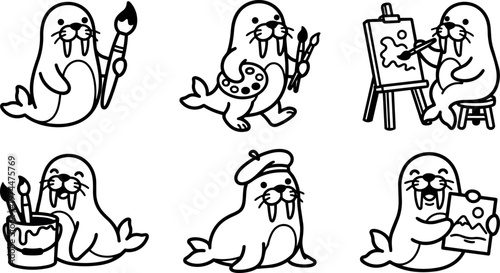Black and white line art cute walrus painting with brushes palette and easel