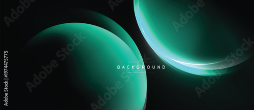 Abstract design features teal overlapping shapes. Dark background enhances vibrant curves, creating modern visual impact. Minimal text present.