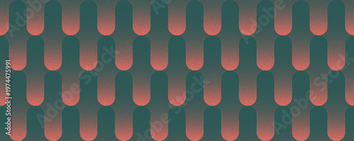Vector abstract panoramic background with layered modish structure in red green tones. Contemporary halftone pattern with gradient transitions and grainy texture creates modern dynamic visual system