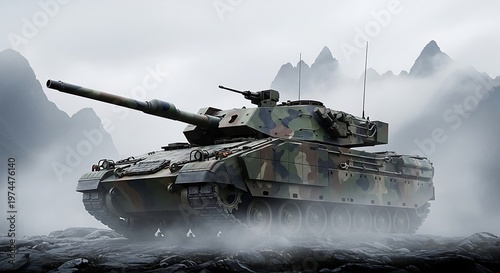 Military Tank in Action on Battlefield.