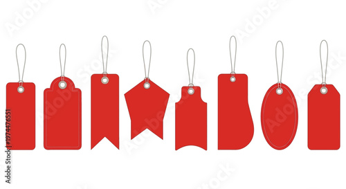 Collection of various red price tags and labels with strings, ideal for retail and marketing use