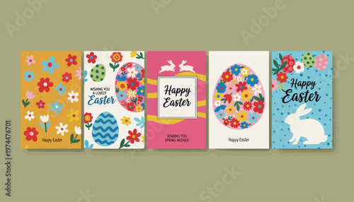 Set of Five Whimsical Easter Greeting Cards Featuring Colorful Floral Designs and Cute Bunny Illustrations for a Joyful Celebration