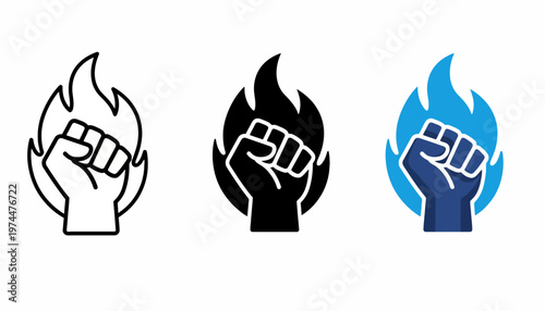 Powerful flaming fist icon representing strength, revolution, and determination. A symbol of protest, energy, and unwavering resolve for modern digital designs