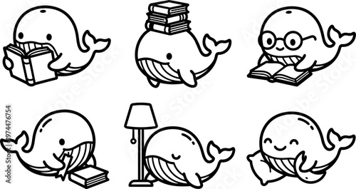 Black and white cartoon whales reading books and resting in various poses