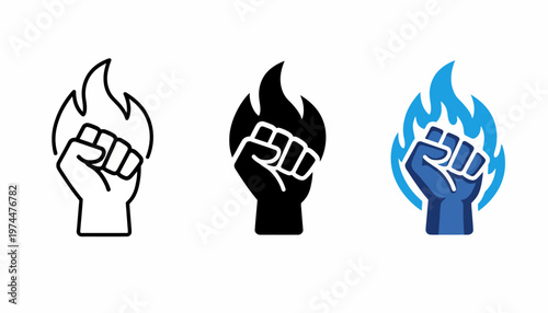 Dynamic icon set featuring a fiery clenched fist, symbolizing protest, revolution, defiance, human rights, and the powerful spirit of solidarity