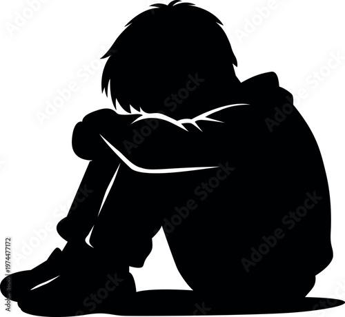 Silhouette of a person sitting with knees drawn up to their chest