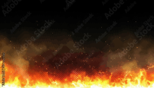 Intense and vibrant fiery background showcasing dramatic orange and red flames, sparkling embers, and swirling smoke against a mysterious dark abyss, symbolizing power and destruction