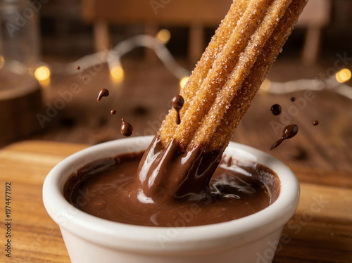 Crispy churro dipping into hot chocolate sauce