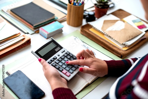 Photos Calculating finances with organized workspace