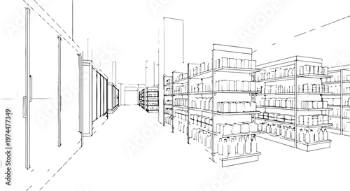 Wireframe sketch of supermarket interior with aisles and shelves full of products.