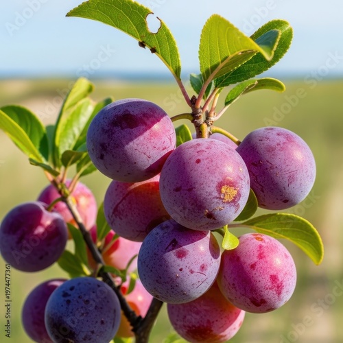 Close up of ripe plums on a branch in a sunny orchard.