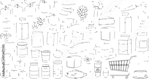 Collection of food items and objects in line art on transparent background.