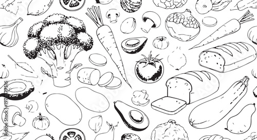 Hand drawn seamless pattern of fresh vegetables and fruits.