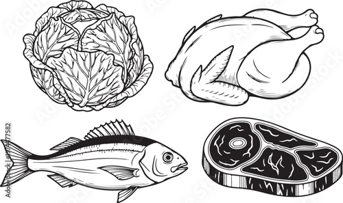 Fresh food selection including cabbage chicken fish and steak.