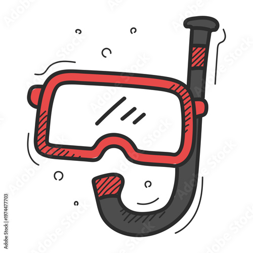 Diving mask doodle icon vector isolated. Hand-drawn illustration of goggles with tube for snorkeling. Underwater activity, summer vacation. Idea of scuba diving.