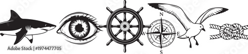 Nautical themed collection featuring a shark, an eye, ship's wheel, compass, seagull, and knot, on a checkered background.