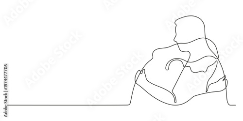 Woman hugging man minimalist continuous one line art drawing. Girl embrace boyfriend, husband or son. Concept of love of couple, parenting, family bond, care, protection. Vector illustration