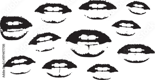 Assortment of black lips and mouths with various expressions, appearing as isolated brush strokes on a checkered background.