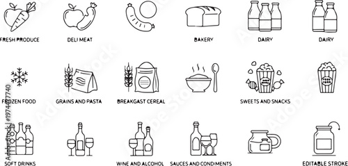 Collection of grocery icons with food categories such as fresh produce bakery dairy and sweets.