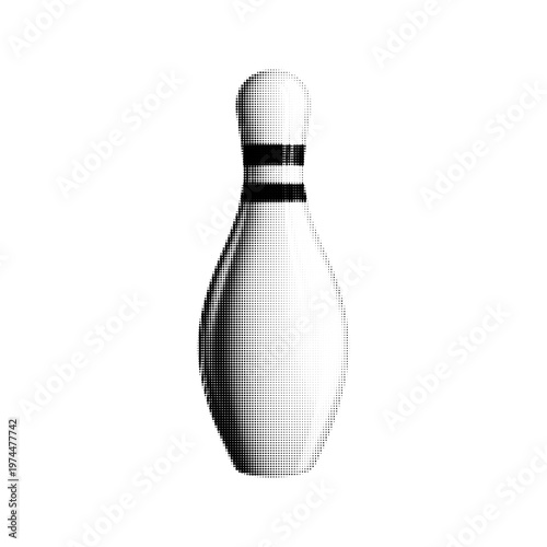 Minimal black and white halftone illustration of a bowling pin, sports and leisure game concept isolated on white background.