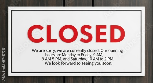 Closed Sign with Business Hours Information.