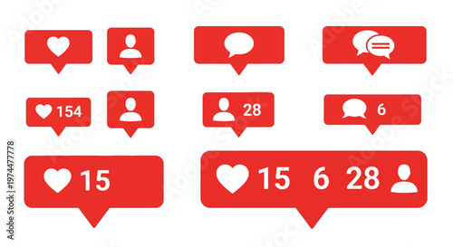Vibrant red social media notification icons set displaying engagement metrics likes, followers, and comments, with numerical counters for online activity and digital interaction feedback