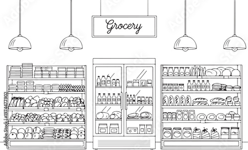 Grocery store interior with shelves full of food products and drinks, outline illustration.