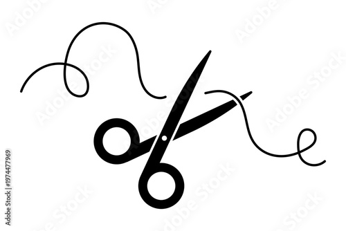 Scissors cutting simple curved thread. Open shear tool and string. Creative design element for tailor, sewing project and fashion hobby. Vector illustration
