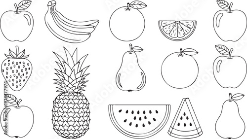 Assorted fresh fruits in outline drawing style, healthy food items for a balanced diet.