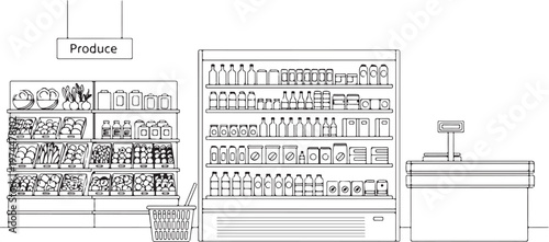 Grocery store interior with shelves produce and checkout counter line art.
